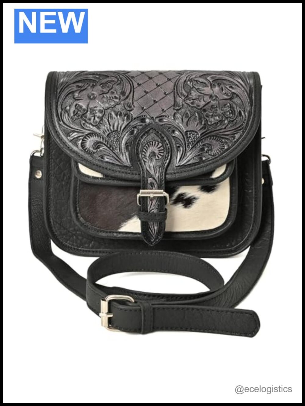 Hand-Tooled Cowhide Hair-On Western Crossbody Bag for Women Floral Leather Purse